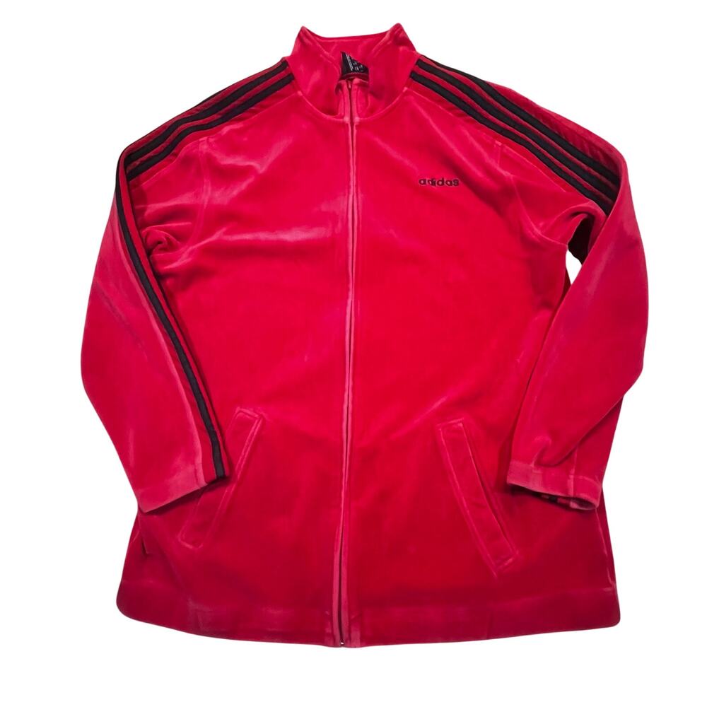 Vintage Adidas Velour Track Jacket Red Black 3 Stripe Full Zip Athletic Men M